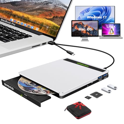 Lecteur CD DVD externe USB 3.0 DVD graveur portable USB C avec fente SD TF et 2 ports USB Slim CD DVD RW graveur pour ordinateur portable ordinateur de bureau Mac MacBook Windows 11 10 8 7 XP Linux