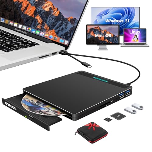 SOMDARHK Lecteur DVD Externe pour Ordinateur Portable USB 3.0 Type-C CD DVD Graveur Externe avec SD TF 2 Ports USB Transfert Rapide Aluminium Externe CD Lecteur pour Mac