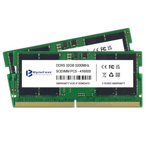 ByteFest RAM DDR5 64Go Kit (2x32Go) 5200MHz SODIMM CL42 1.1V 262 Pin Gaming Mémoire RAM pour Ordinateur Portable Laptop Mini PC