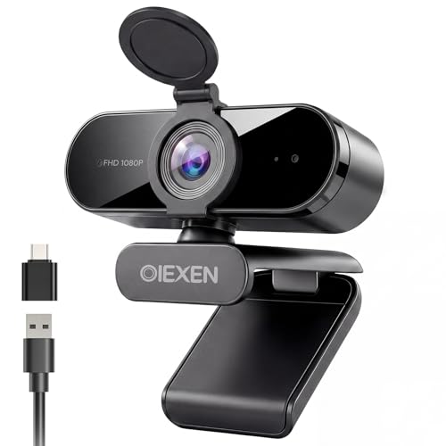 OIEXEN Webcam 1080p avec Microphone, Exposition Automatique, Champ de Vision à 90°, Couverture de confidentialité, Adaptateur USB-A vers C, caméra de Streaming Plug Play pour PC Mac Zoom équipes