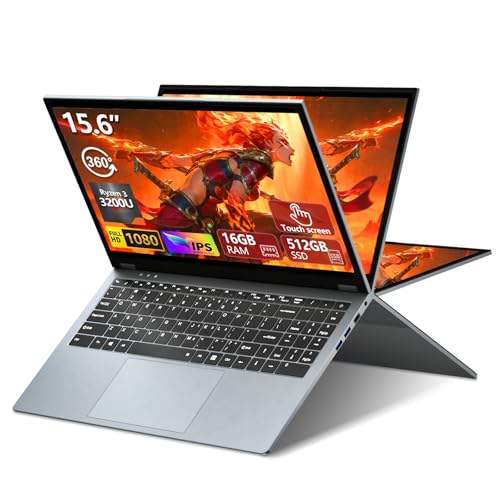 2 en 1 Écran Tactile Ordinateur Portable Ryzen R3-3200U (jusqu'à 3,5 GHz) 15,6 Pouces Win11 Jeu Laptop 16Go RAM 512Go SSD 360° Rotation FHD IPS PC Portable TypeC RJ45 Clavier Rétroéclairé WIFI 5 HDMI