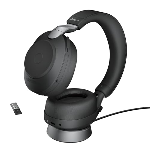 Jabra Evolve2 85 Casque PC sans fil avec support de charge – Casque stéréo avec suppression du bruit certifié UC – Adaptateur Bluetooth USB-A – Noir (renouvelé)