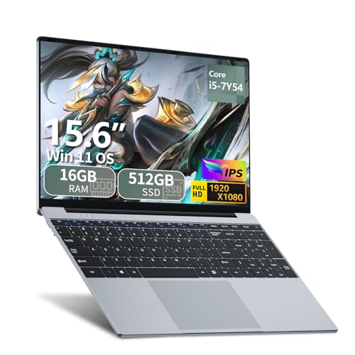 Ordinateur Portable 15.6 PC Portable Win 11 Core i5-7Y54 Processeur(Jusqu'à 3,2 GHz) Office 365, 16 Go RAM SSD 512 Go, Laptop FHD IPS Clavier Rétroéclairé, WiFi 5, Bluetooth 4.2 Mini-HDMI USB 3.0