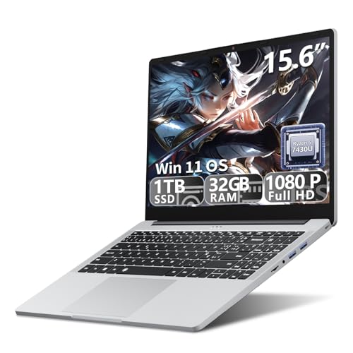 Ordinateur Portable 15,6 Pouces PC Portable Win 11 Ryzen 5 7430U (4.3GHz) Processeur Graphique Radeon, 32 Go RAM SSD 1 To, Laptop Clavier Rétroéclairé USB 3.2 Type-C WiFi 6 Ordinateur Portable