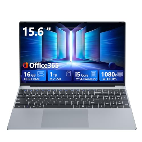 15,6 Pouces Ordinateur Portable, Core i5 7Y54 Processeur 16 Go RAM 1 To SSD, PC Portable Win 11 Office 365 PC Portable 1080 IPS FHD Écran, Laptop avec Clavier Rétroéclairé WIFI5 Mini-HDMI USB3.0