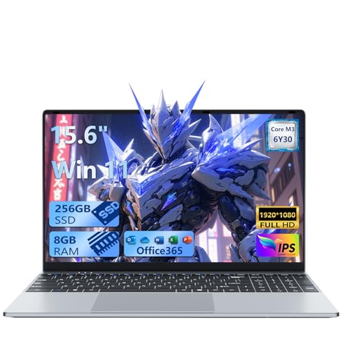 15.6 Pouces Ordinateur Portable, Win 11 PC Portable Core M3 6Y30 Processor, 8Go RAM 256Go SSD, Clavier Rétroéclairé, Laptop fin et léger avec écran FHD Pivotant à 180° Mini-HDMI 2*USB3.0 WiFi5 BT4.2