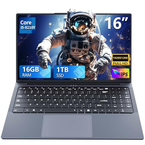 AFFGUOK Ordinateur Portable 16 Pouces - PC Portable Core i5-8210Y, 16Go RAM 1To SSD, Laptop avec Écran FHD IPS 1920 x 1200, Clavier Rétroéclairé, RJ45, Wi-Fi5, USB 3.0, Mini-HDMI, Type-C, 5800 mAh