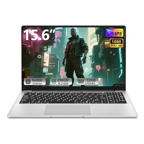 Ordinateur Portable 15,6 Pouces, PC Portable Celeron N4000, 12Go DDR4 RAM 256Go SSD, Laptop Écran FHD IPS Pivotant 180°, Mini HDMI, USB3.0, WiFi5, Ordinateur Portable Fin et Léger pour Étudiants