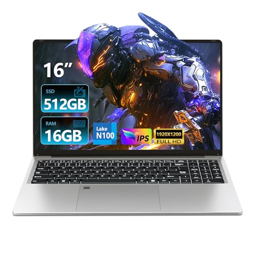 Ordinateur Portable 16 Pouces, Win 11 PC Portable 16 Go RAM 512 Go SSD, Celeron N100 CPU, Laptop Clavier Rétroéclairé Déverrouillage Empreinte Digitale, BT5.0 USB3.0 6000mAh Battery Webcam Mini-HDMI