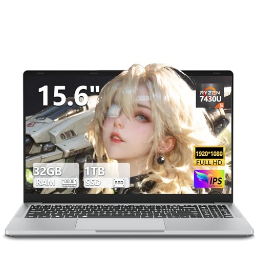 15,6 Pouces Ordinateur Portable Ryzen 5 7430U (4.3GHz) Processeur 32 Go RAM SSD 1 To PC Portable Win 11 Graphique Radeon Clavier Rétroéclairé Déverrouillage Empreinte Digitale USB 3.2 Type-C WiFi 6