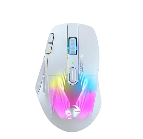 Roccat Kone XP Air – Souris Gaming sans-fil, Capteur Optique 19K DPI, 100h d’autonomie, Station de charge RGB, éclairage AIMO RGB, Blanc