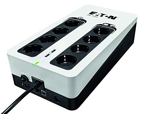Eaton Onduleur Parafoudre Eaton 3S 700 DIN - Off-line UPS - Alimentation Sans Interruption - Puissance 700VA (8 prises DIN, Silencieux, 2 ports de charge USB Type-A) - Interface USB - Noir Blanc