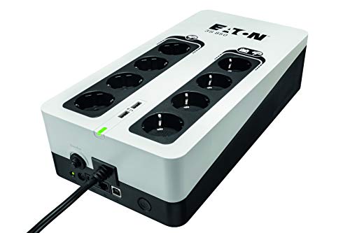 Eaton - Onduleur Parafoudre 3S 850 DIN - Off-line UPS - Alimentation Sans Interruption - Puissance 850VA (8 prises DIN, Silencieux, 2 ports de charge USB Type-A) - Interface USB - Noir Blanc