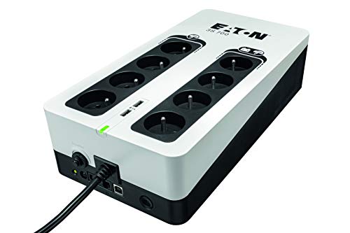 Eaton Onduleur Parafoudre 3S 700 FR - Off-Line UPS - Alimentation sans Interruption - Puissance 700VA (8 Prises FR, Silencieux, 2 Ports de Charge USB Type-A) - Interface USB - Noir Blanc (3S700F)
