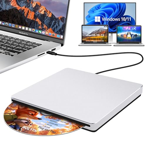 NOLYTH Lecteur CD DVD externe pour ordinateur portable lecteur CD DVD portable USB C pour Mac PC Windows 11 avec adaptateur USB 3.0 en alliage d'aluminium Slo-in SuperDrive pour Apple