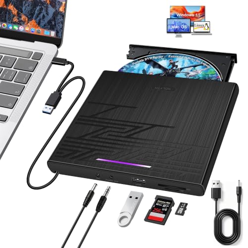 NOLYTH Lecteur CD externe pour ordinateur portable, graveur DVD USB | Lecteur CD DVD optique USB 3.0 USB C avec port audio SD TF 1 USB 3,5 mm pour PC, Mac, Linux, Windows