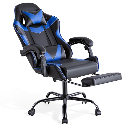 Sweetcrispy Chaise de Gaming avec Repose-Pieds, Appui-tête, Soutien Lombaire, Ergonomique, en PC, réglable en Hauteur, Chaise de Bureau, Chaise de Gamer, Chaise de Bureau pivotante, Bleue