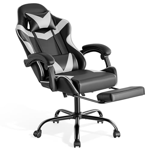 Sweetcrispy Chaise de Gaming avec Repose-Pieds, Appui-tête, Support Lombaire, Ergonomique, Hauteur réglable, Chaise de Bureau, Chaise de Gamer, Chaise de Bureau pivotante, Blanche