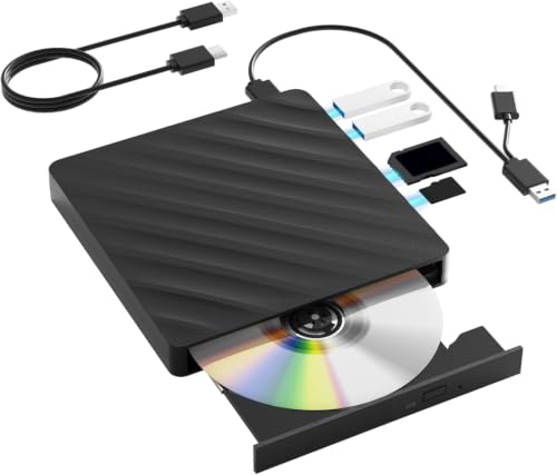 Wbacon Lecteur Blu-ray externe 5 en 1 portable avec USB 3.0 Type-C, graveur de CD DVD 3D avec port SD TF, lecteur Blu-Ray compatible avec ordinateur portable Windows (5 en 1)