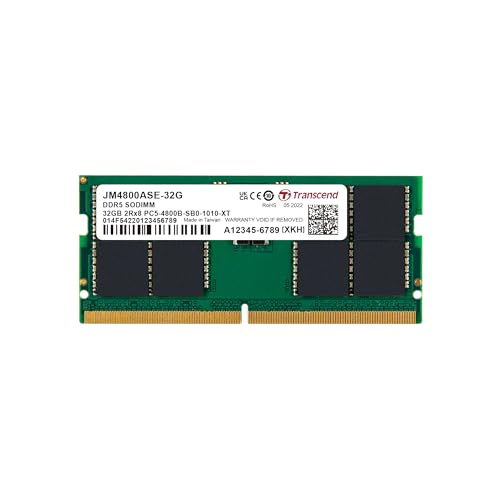 Transcend JetRam 32Go DDR5 4800MHz So-DIMM CL40, RAM pour PC Portable | PC5-38400, 288 broches, sans tampon ni ECC, 1,1 V, mise à niveau de la mémoire pour ordinateur de bureau