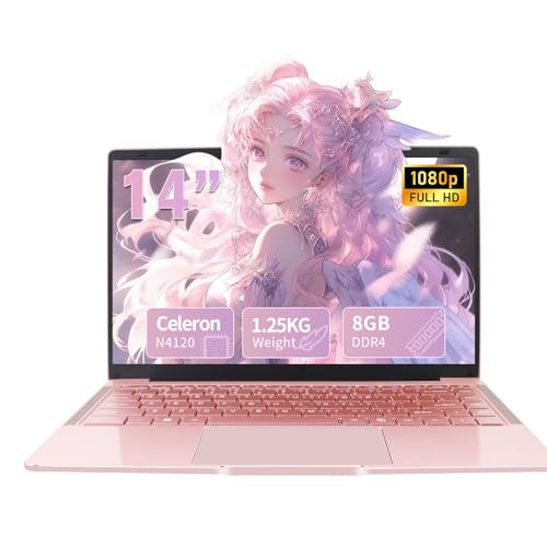 LONGEVINCE Ordinateur Portable 14 Pouces,Office 2024, 8 Go DDR4, Ultrabook, IPS 1920 x 1080, Celeron N4120,sous, avec Protection de Clavier AZERTY en français，(Or Rose, 8GB 128G SSD)