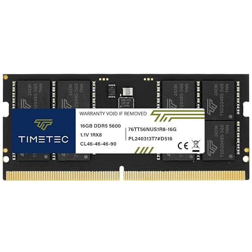 Timetec - Module de mémoire RAM SODIMM DDR5 16 Go 5600 MHz PC5-44800 - Sans tampon non ECC - 1,1 V - CL46 - Rang simple 1Rx8 - 262 broches - Mise à niveau pour ordinateur portable
