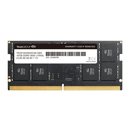 TEAMGROUP Elite Module de mémoire RAM SODIMM DDR5 16 Go 5600 MHz (PC5-44800) CL46 non-ECC sans tampon 1,1 V 1Rx8 rang unique 262 broches pour ordinateur portable - TED516G5600C46-S01