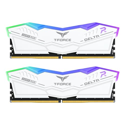 TEAMGROUP T-Force FF4D564G6400HC30CDC01 Delta RGB DDR5 6400 MHz PC5-51200 CL30 M-DIE Module de mémoire RAM pour chipset série 600 700 XMP 3.0 Ready White