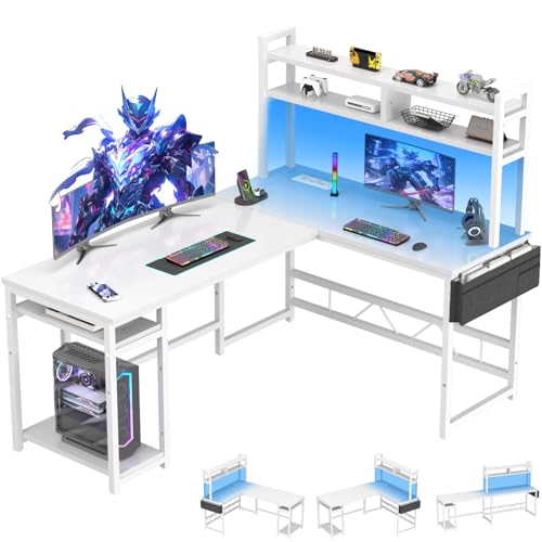 JUMMICO Bureau Gaming d'angle en L avec Rangement, 160x120 cm, Blanc