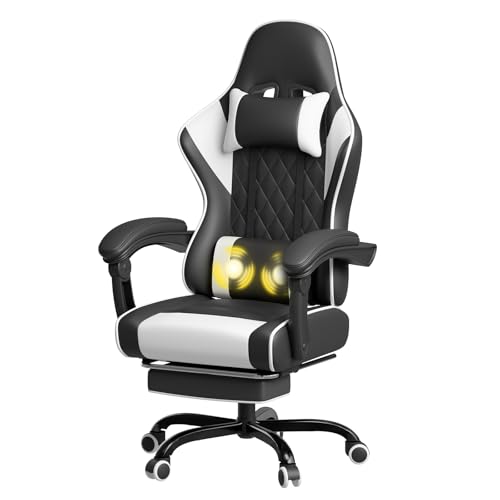 JUMMICO Chaise Gaming Ergonomique, Chaise de Bureau avec Fonction Massage, Fauteuil Gaming avec Repose-Pieds, 150 kg, Blanc