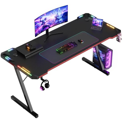 JUMMICO Bureau Gaming 160x60cm, Carbone Anti-Rayures, LED, Noir