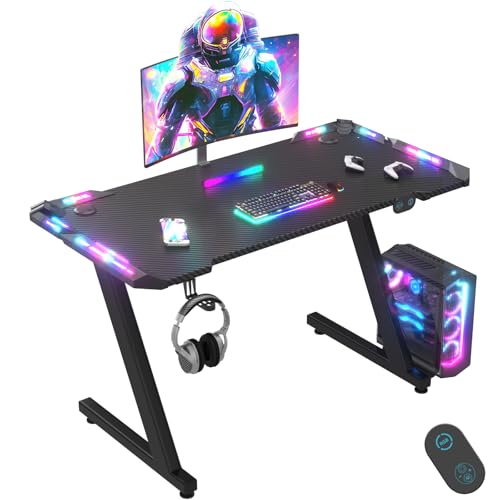 JUMMICO Bureau Gaming Professionnel RGB 120x60cm - Plateau Carbone Anti-Rayures, Imperméable - Pieds en Z, Rétroéclairage LED, Porte-Casque
