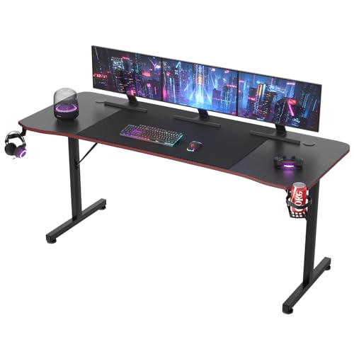 JUMMICO Bureau Gaming 180x60cm, Porte-Gobelet Casque, Ergonomique, Noir