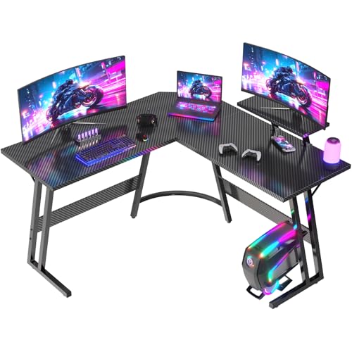 JUMMICO Bureau Gaming en L 120x120cm - Bureau d'angle avec Support Écran Réversible - Polyvalent (Jeu Travail Étude) - Stabilité Maximale Nettoyage Facil - Revêtement Carbone - Noir