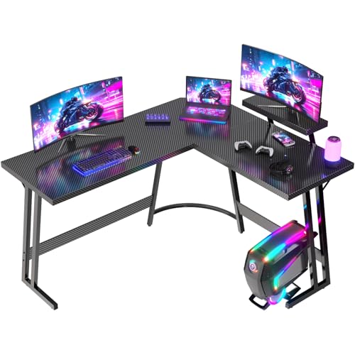 JUMMICO Bureau Gaming en L 150x130cm - Bureau d'angle avec Support Écran Réversible - Polyvalent (Jeu Travail Étude) - Stabilité Maximale Nettoyage Facil - Revêtement Carbone - Noir