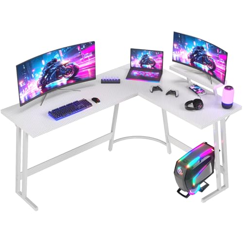 JUMMICO Bureau Gaming en L avec Support Écran, 170x130cm, Réversible, Blanc