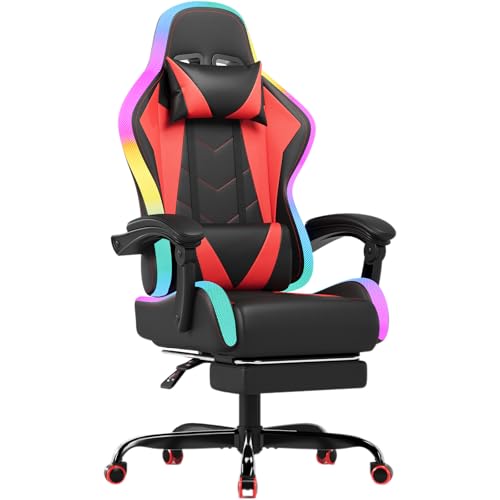 JUMMICO Chaise Gaming avec LED, Fauteuil Gaming au Design de La Course Automobile avec Repose-Pieds Extensible, Chaise de Bureau Ergonomique avec Fonction Massage,Capacité de Charge 150 kg, Rouge