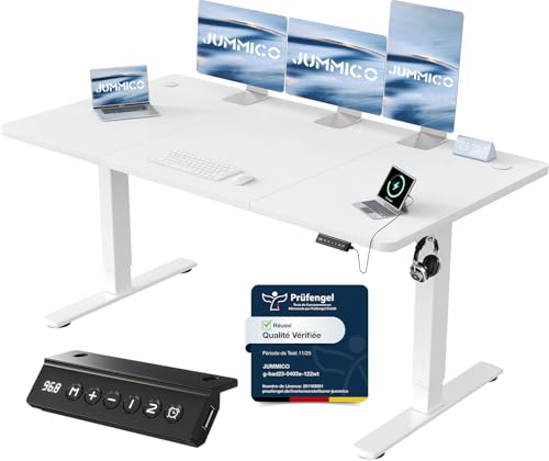 JUMMICO Bureau Assis Debout 160×70 cm, Rappel Posture, 2 Mémoires, Blanc