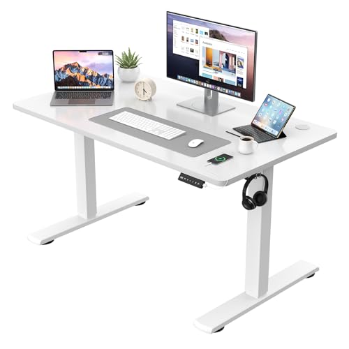 JUMMICO Bureau Assis Debout Plateau de Table d'un Seul Tenant, Électrique en Hauteur, avec Fonction Mémoire, Bureau Réglable en Hauteur pour PC, Bureau Gaming, 110 x 53 cm, Blanc