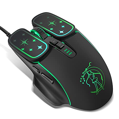 Greshare Souris de jeu optique rétroéclairée, 4 couleurs, ergonomique, filaire USB avec 7200 DPI et 6 boutons, 4 prises de vue pour ordinateur Window Mac Linux Andriod iOS (Noir)