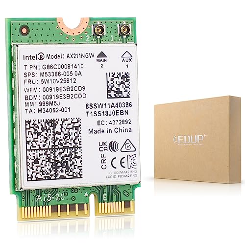 Intel AX211NGW Carte sans Fil Wi-FI 6 M.2 CNVio2, Bluetooth 5.3, Tri Band 2.4 5 6 GHz Adaptateur réseau pour Ordinateur Portable Compatible Windows 10 11 (64 Bits) Linux Chrome OS Uniquement