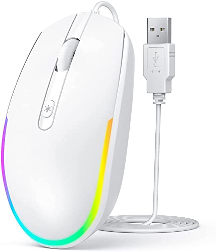 Seenda Souris filaire rétroéclairée LED RVB avec câble USB de 1,5 m, 1600 DPI silencieuse, ergonomique, portable, pour tous les appareils USB – Blanc