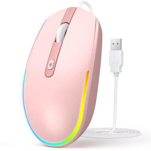 Seenda Souris Filaire rétroéclairée à LED RVB avec câble USB de 1,5 m, 1600 dpi, silencieuse, Ergonomique, Portable, Souris Filaire pour Tous Les appareils USB – Rose