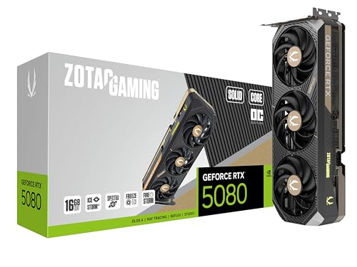 ZOTAC Gaming GeForce RTX 5080 Solid Core OC DLSS 4 16 Go GDDR7 256 Bits 30 Gbps PCIE 5.0 Carte Graphique de Jeu, IceStorm 3.0 Refroidissement avancé, éclairage Spectra RVB, ZT-B50800J2-10A