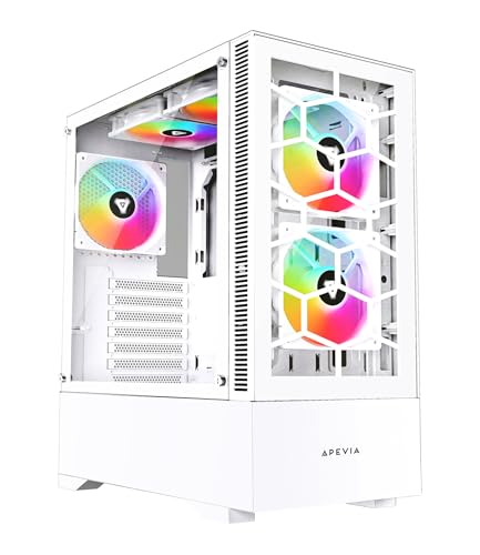 Apevia Eclipse-WH Eclipse Boîtier PC de jeu avec 5 ventilateurs ARGB de 120 mm, 366 modes d'éclairage RVB, design minimaliste en nid d'abeille, panneaux avant et latéraux en verre trempé, 1 USB 3.0, 2