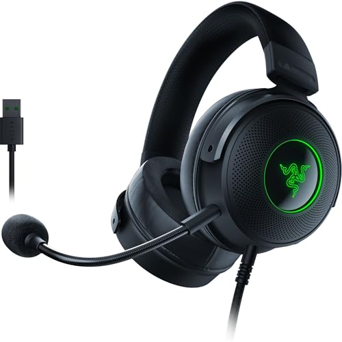Razer Casque de Jeu Filaire USB Kraken V3 Pilotes Triforce Titanium 50 mm – Audio Spatial THX – Éclairage RVB Chroma – Tissu Hybride et Coussins en Mousse à mémoire de Forme en Similicuir – Micro