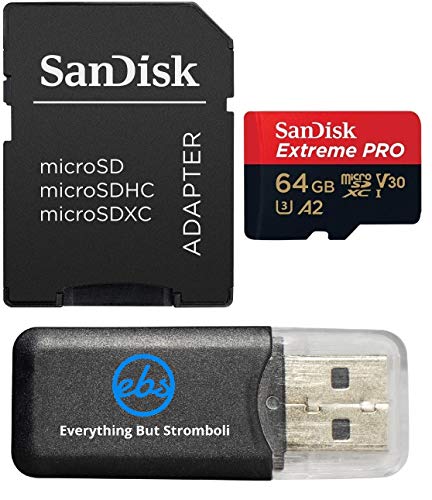 SanDisk Extreme Pro Carte microSD 64 Go compatible avec DJI Avata 2, Mini Drones 4K (SDSQXCU-064G-GN6MA) V30 Vitesse de lecture jusqu'à 200 Mo s Bundle avec 1 lecteur de carte Everything But Stromboli