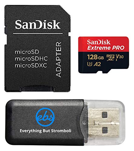 SanDisk Extreme Pro Carte microSD UHS-1 128 Go compatible avec DJI Avata 2, Mini drones 4K (SDSQXCD-128G-GN6MA) avec vitesse de lecture jusqu'à 200 Mo s Bundle avec 1 lecteur de carte microSD