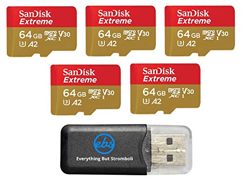 SanDisk Lot de 5 cartes mémoire Micro Extreme 64 Go compatibles avec drone DJI Series Air 2S, Air 2, Mini, Mini 2, Mavic 2 (SDSQXAH-064G-GN6MN) avec 1 lecteur de carte microSD Everything But Stromboli