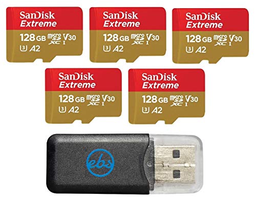 SanDisk Lot de 5 cartes mémoire Micro 128 Go Extreme compatibles avec DJI Air 2S, Air 2, Mini, Mini 2, Mavic 2 Drone Series (SDSQXAA-128G-GN6MN) avec 1 lecteur de carte microSD Everything But